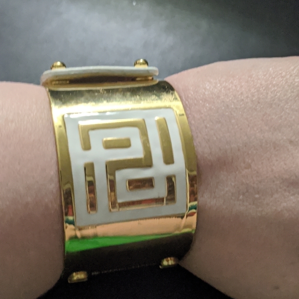 Parker Daniels Gold Tone White Leather Modern Cuff Statement Bracelet